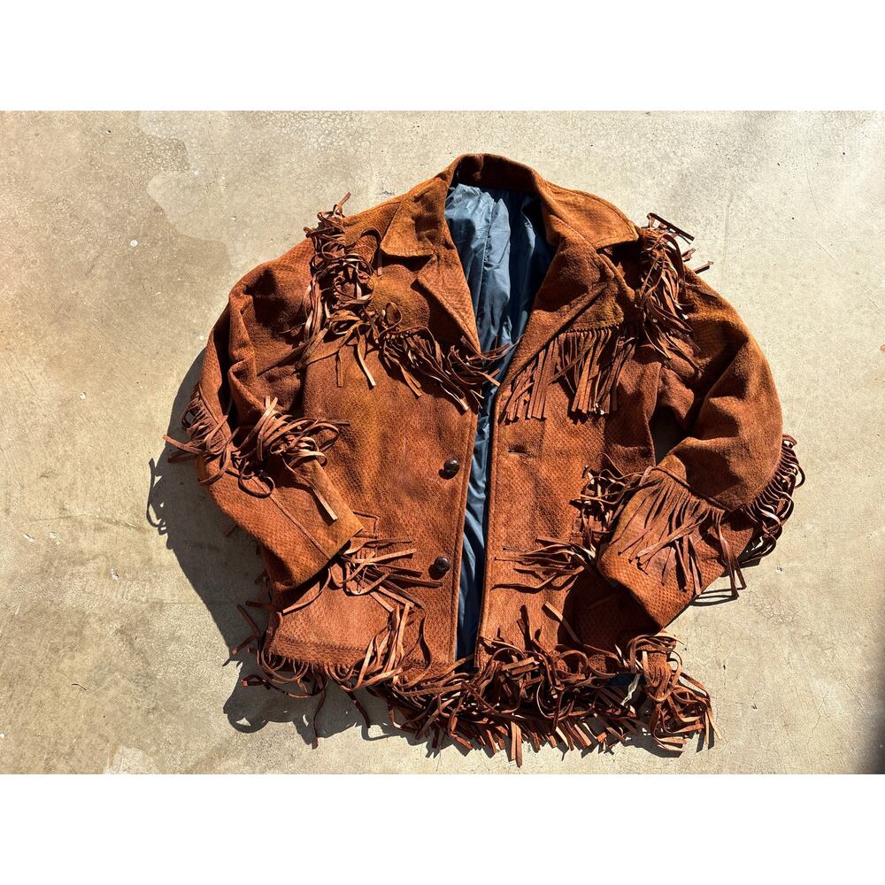 Vtg 60s Fringe Textured Leather Suede western sz 38 grunge brown smoker Jacket - Picture 7 of 8